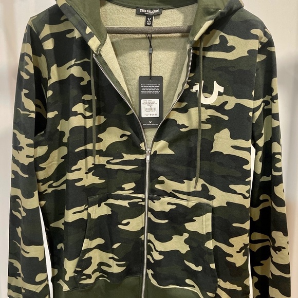 NWT MENS TRUE RELIGION Premium Arch Buddha Full Zip Fleece Hoodie Jacket CAMO - Picture 1 of 4